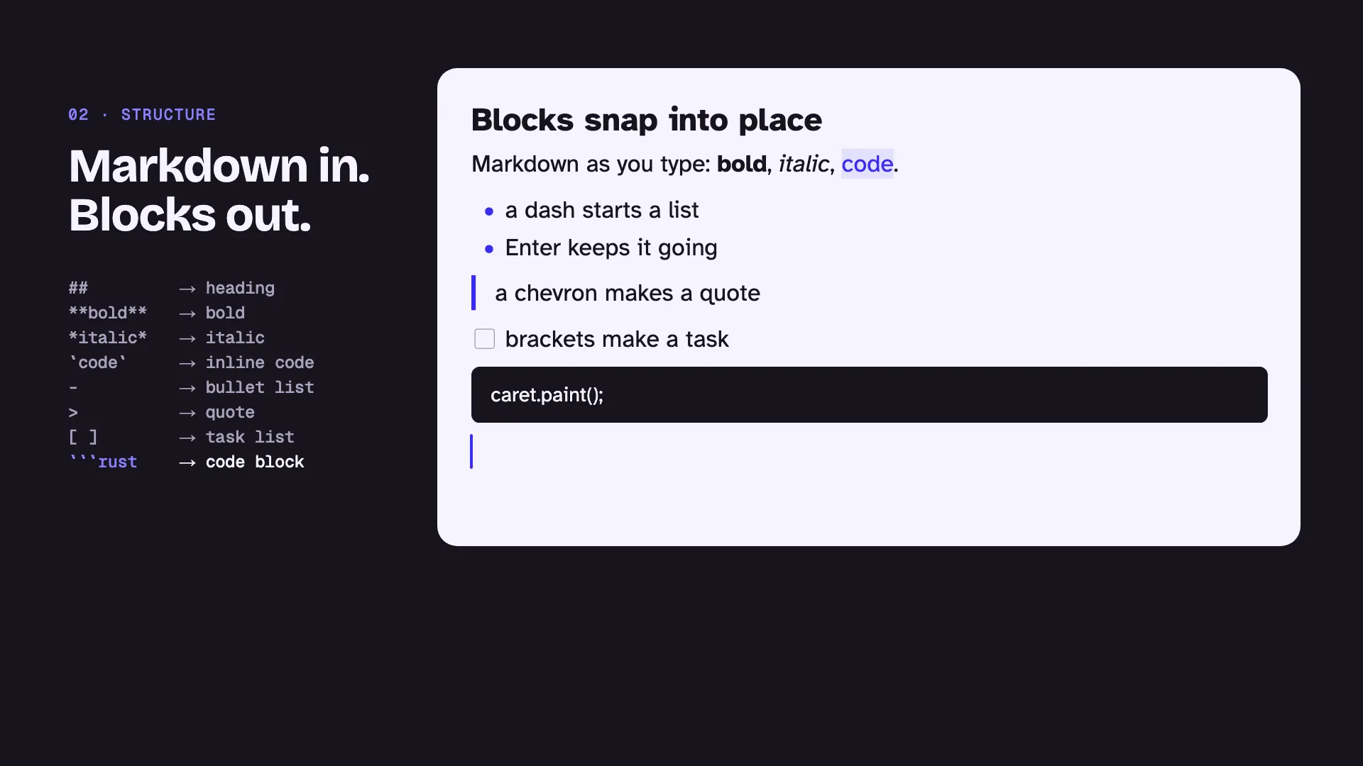 A frame from the launch film: Markdown typed into canvist snaps into headings, lists, a quote, a task and a code block.